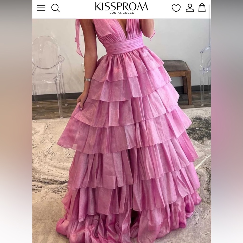 Pink Ruffled Prom Dress with Bow Straps - Picture 5 of 7